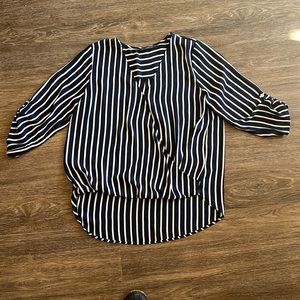 West Kei Women’s faux wrap top. Size Medium. Navy and White Stripes.